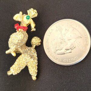 Vintage 1950's-1960's 3-D French Poodle Pin Brooch green Rhinestone Eye